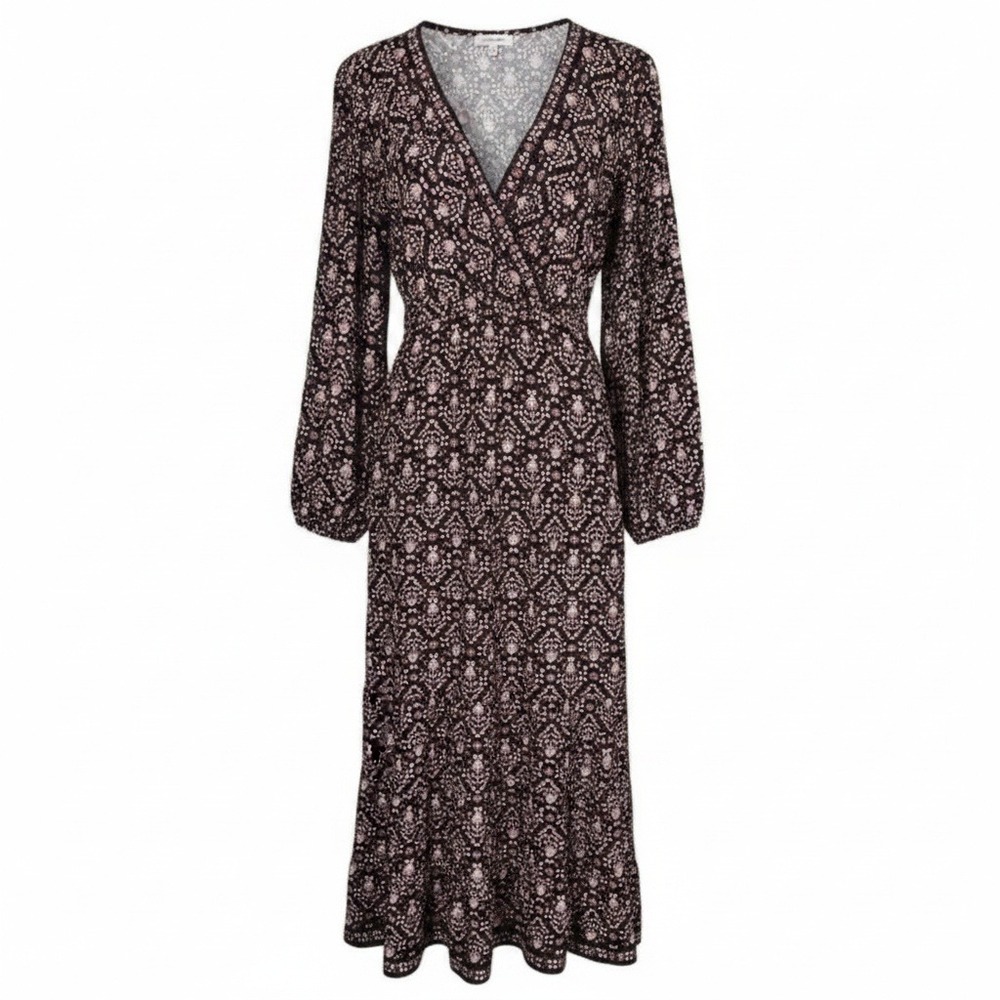 Max Studio Boho Surplice Cottage Earthy Puff Sleeve Midi Dress XS